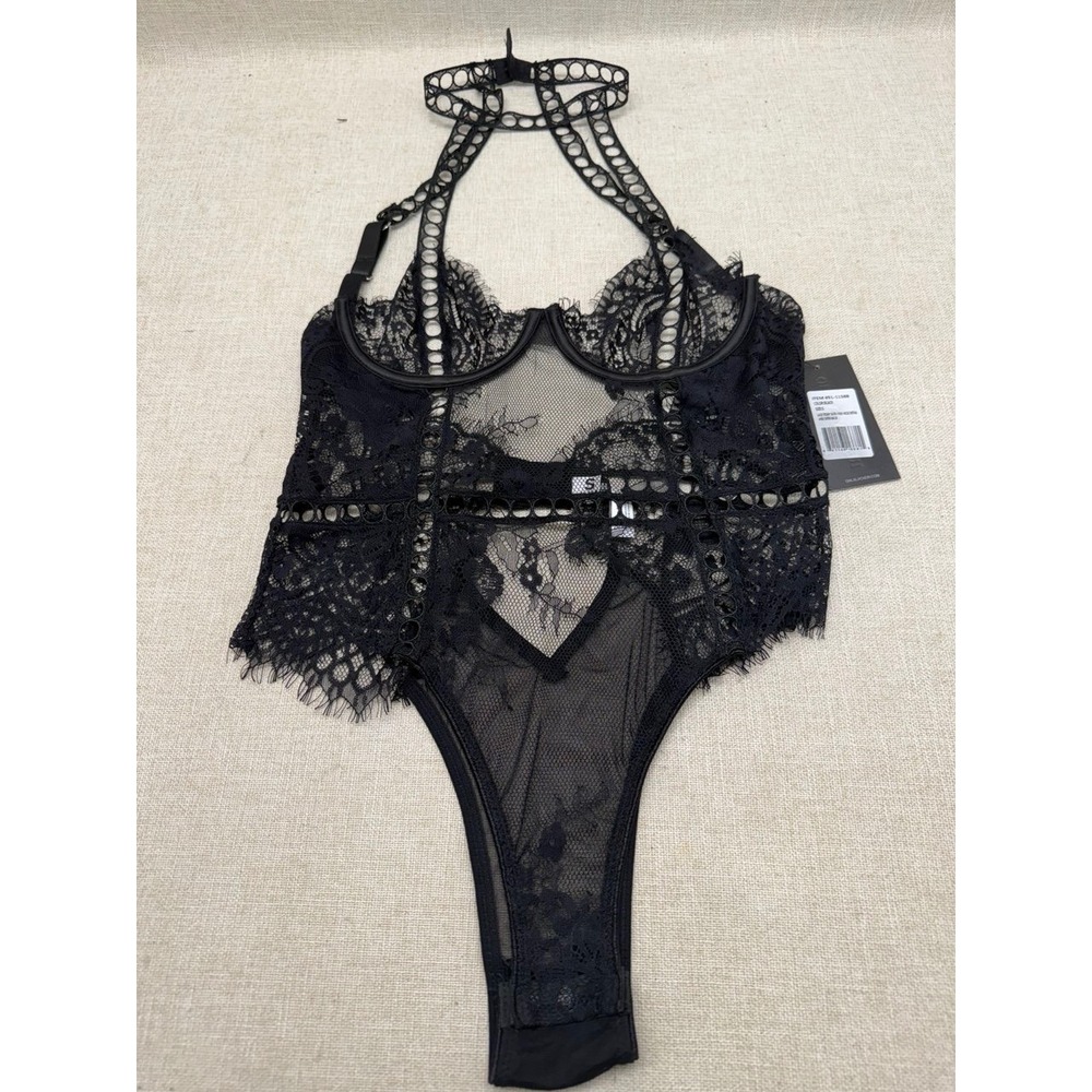 Oh La La Cheri Paris Black Lace Teddy Halter Bodysuit Small NWT